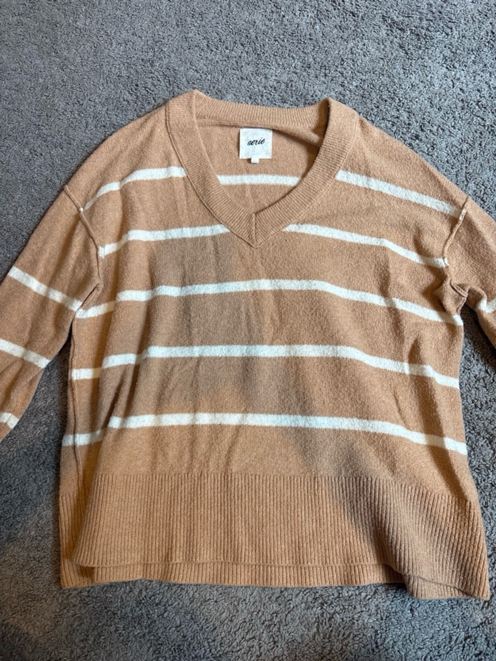 aerie Tan & White Striped V-Neck Sweater